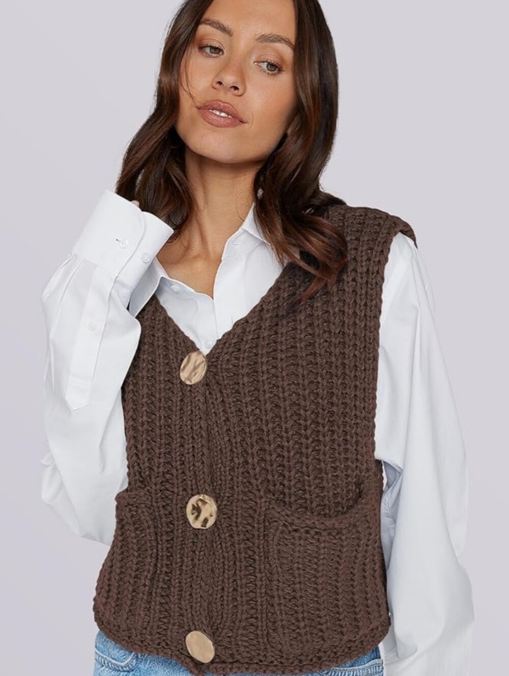 Chunky V-Neck Sweater Vest Button Down Sleeveless Cardigan Crop Crochet Knit Top